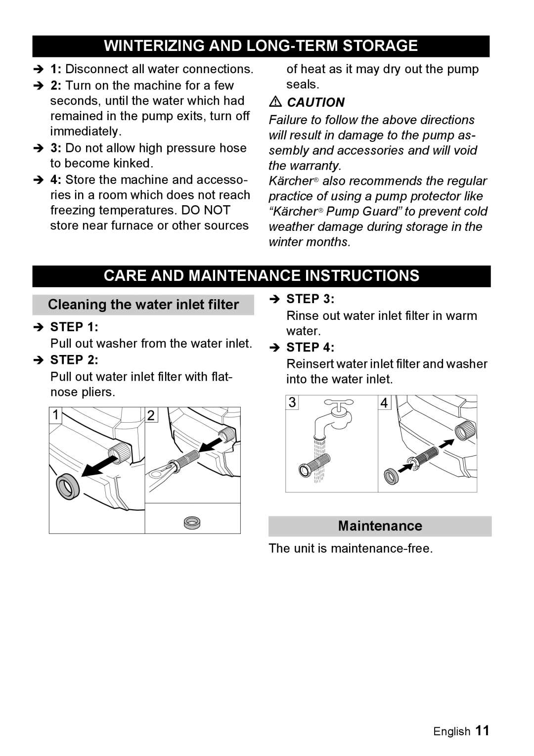 Karcher K 5.68 M Winterizing and LONG-TERM Storage, Care and Maintenance Instructions, Cleaning the water inlet filter 