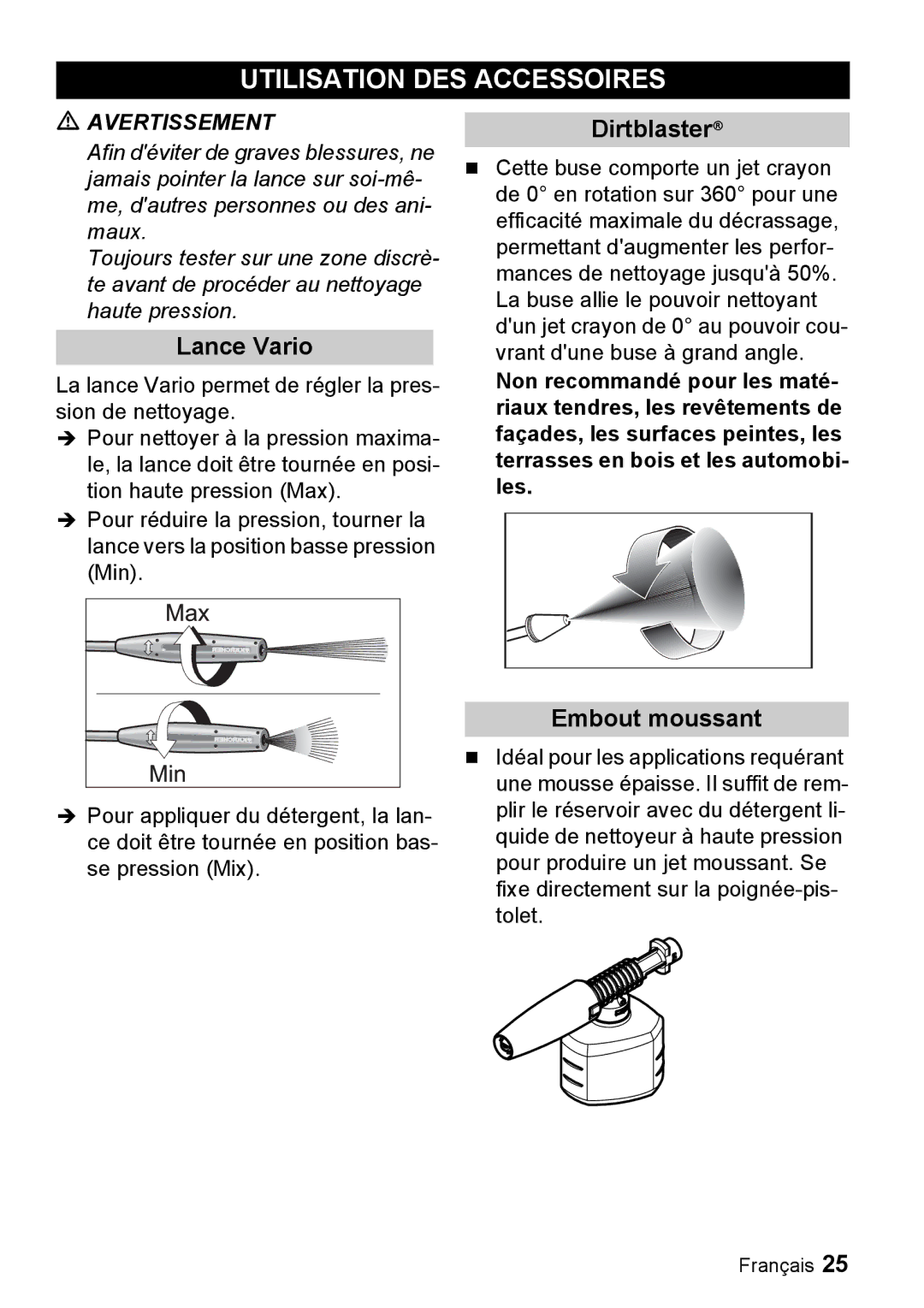 Karcher K 5.68 M manuel dutilisation Utilisation DES Accessoires, Lance Vario, Embout moussant 