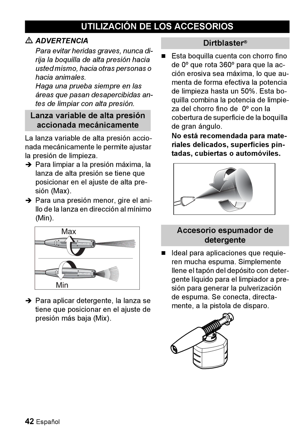 Karcher K 5.68 M manuel dutilisation Utilización DE LOS Accesorios, Lanza variable de alta presión Accionada mecánicamente 