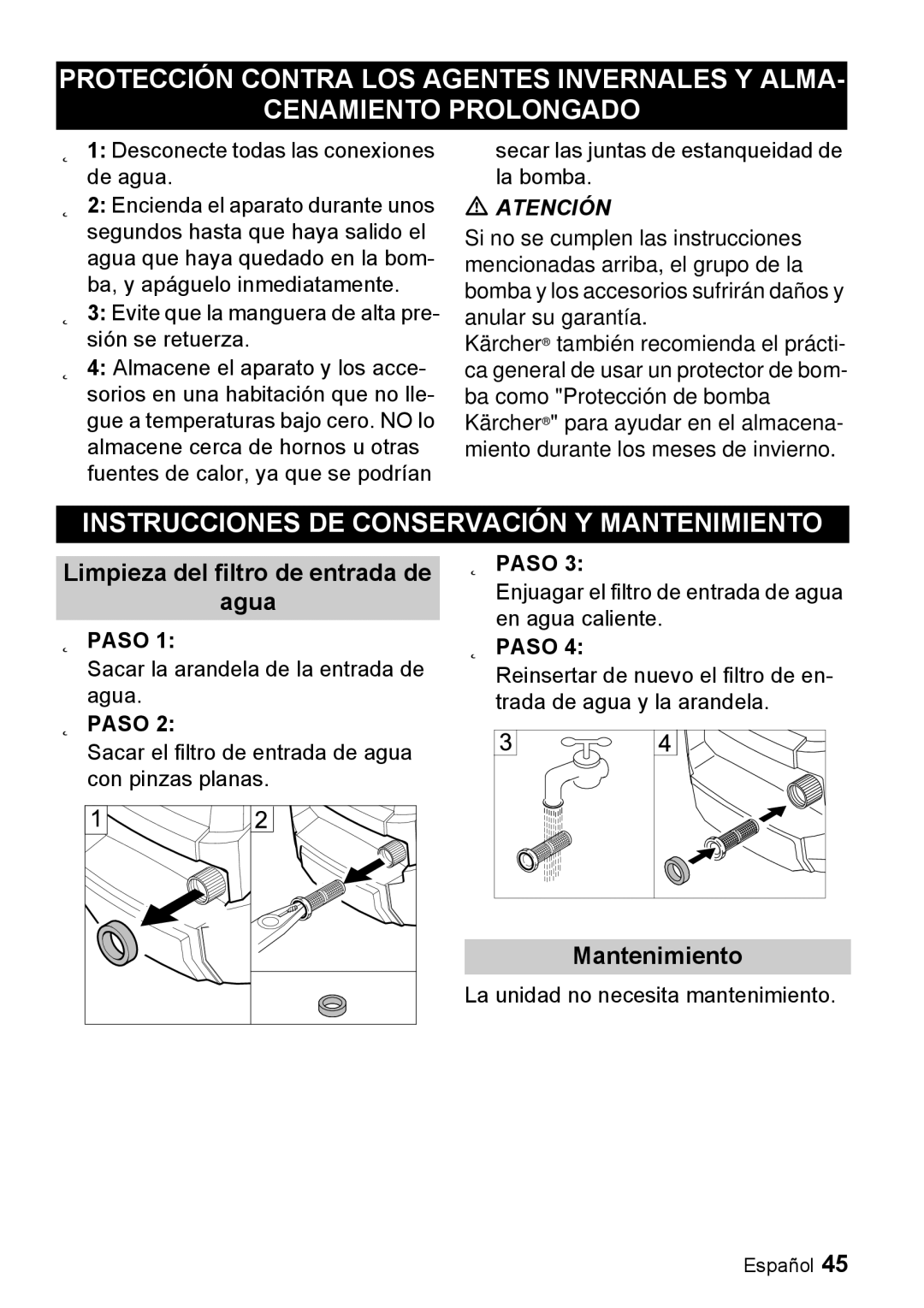 Karcher K 5.68 M manuel dutilisation Instrucciones DE Conservación Y Mantenimiento, Limpieza del filtro de entrada de Agua 