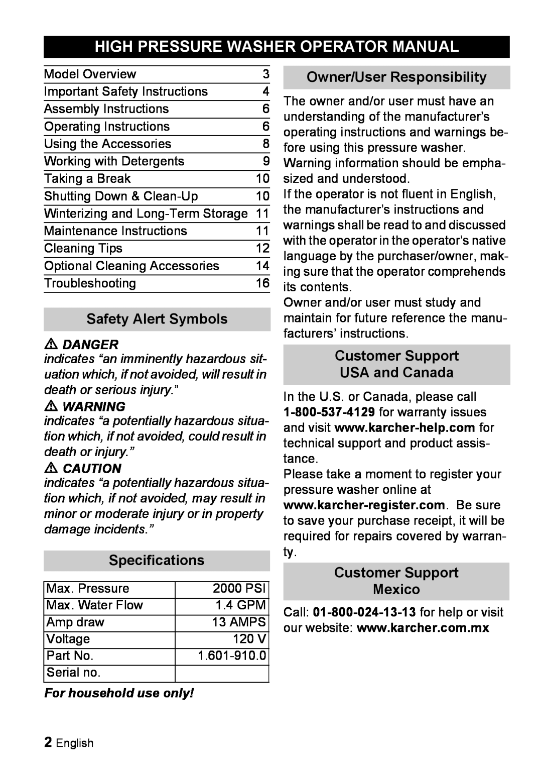 Karcher K 5.68 M High Pressure Washer Operator Manual, Safety Alert Symbols, Specifications, Owner/User Responsibility 
