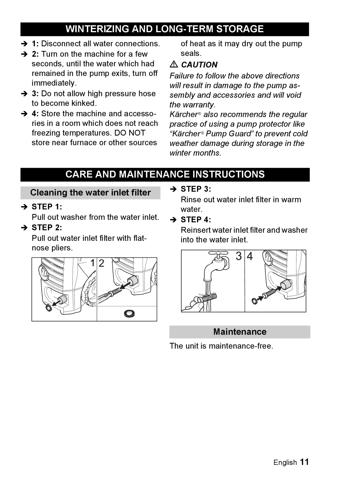 Karcher K 5.690 Winterizing and LONG-TERM Storage, Care and Maintenance Instructions, Cleaning the water inlet filter 