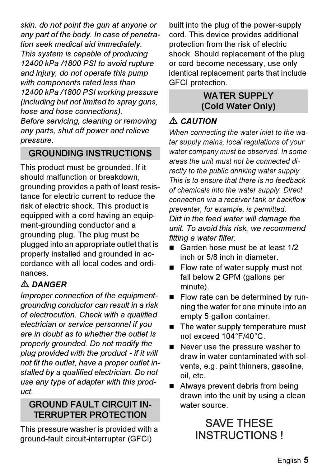 Karcher K 5.690 manuel dutilisation Grounding Instructions, Water Supply Cold Water Only 