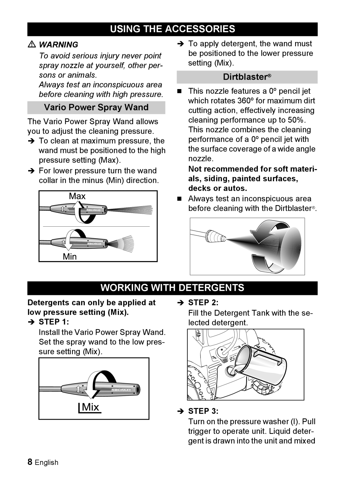 Karcher K 5.690 manuel dutilisation Using the Accessories, Working with Detergents, Vario Power Spray Wand, Dirtblaster 