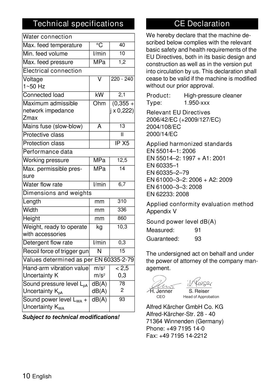 Karcher K 5.70 M manual Technical specifications, CE Declaration, Subject to technical modifications 