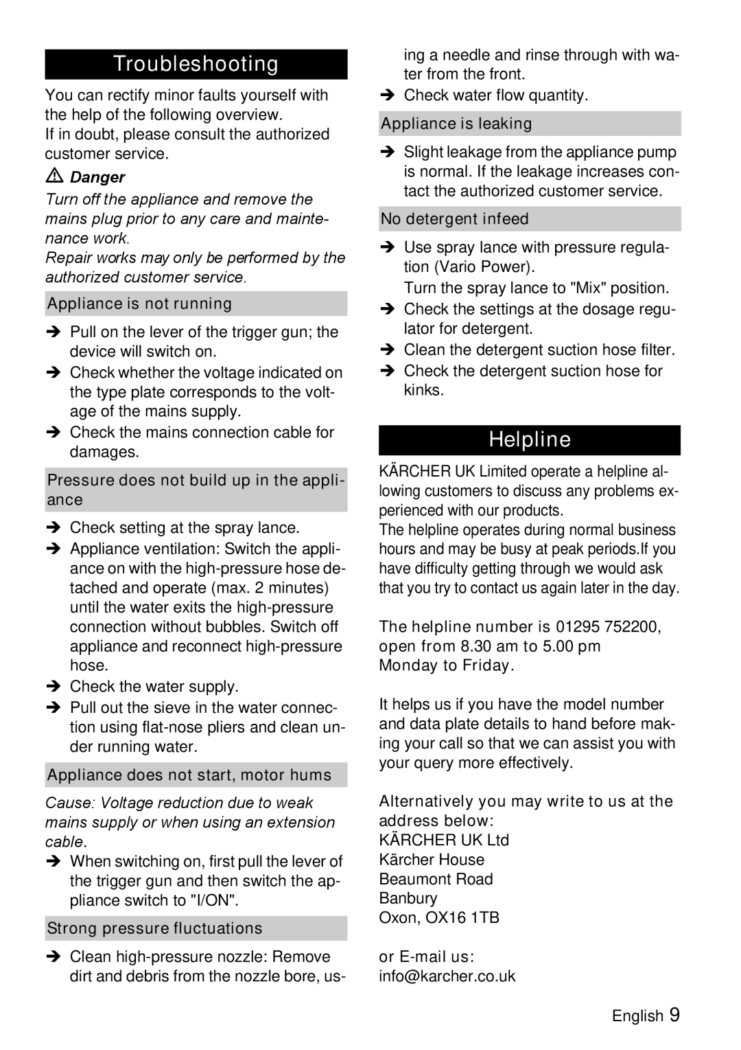 Karcher K 5.70 M manual Troubleshooting, Helpline 