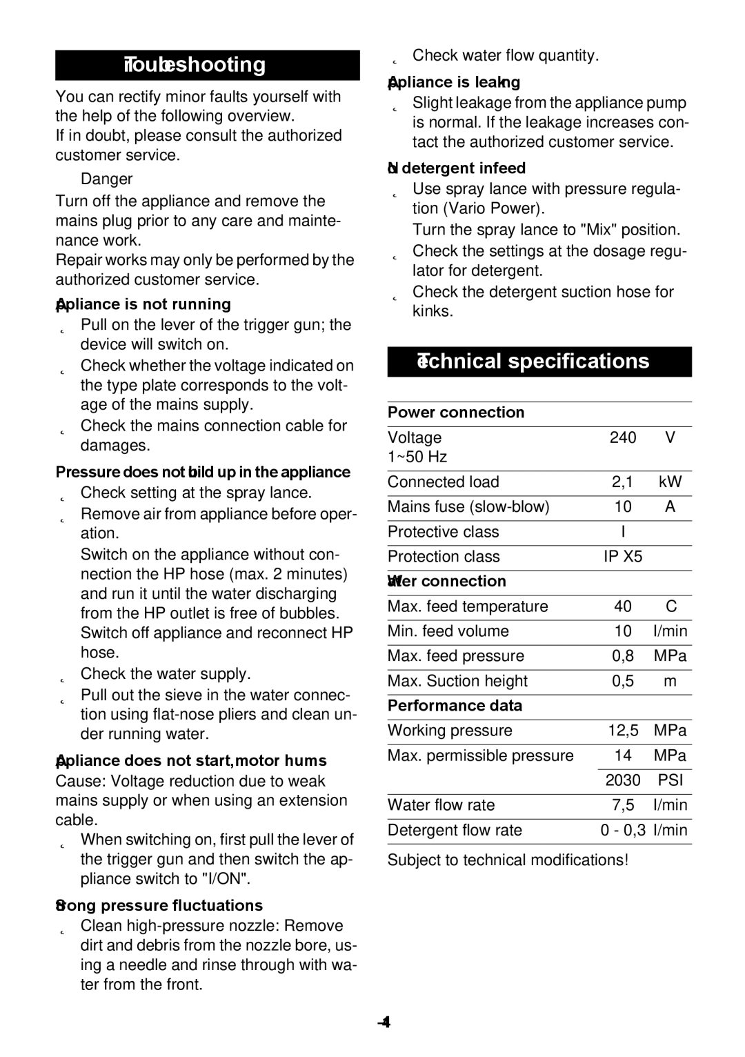 Karcher K 5.700 manual Troubleshooting, Technical specifications 