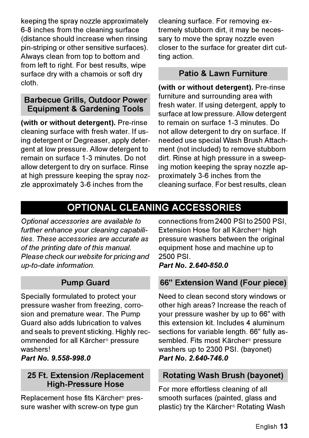 Karcher K 5.85 M manual Optional Cleaning Accessories 