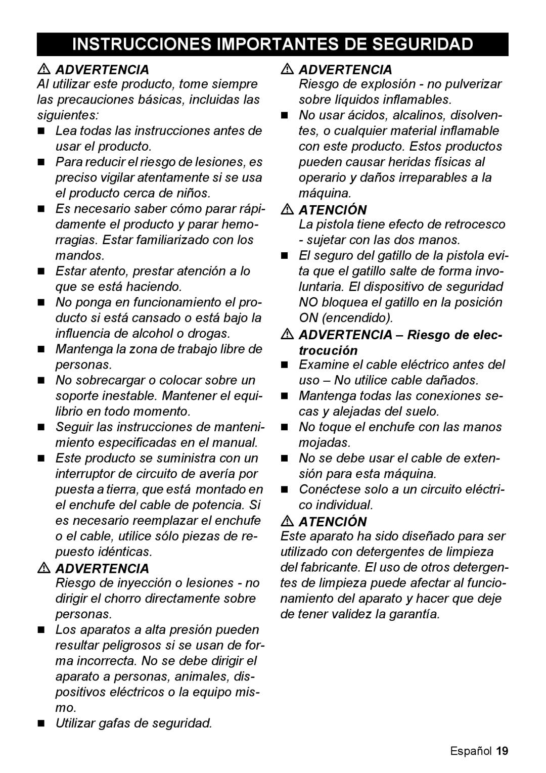 Karcher K 5.85 M manual Instrucciones Importantes DE Seguridad, Advertencia Riesgo de elec Trocución 