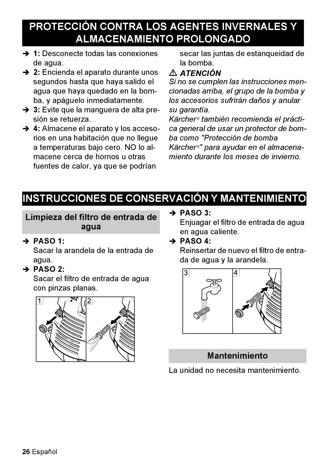 Karcher K 5.85 M manual Instrucciones DE Conservación Y Mantenimiento, Limpieza del filtro de entrada de Agua 