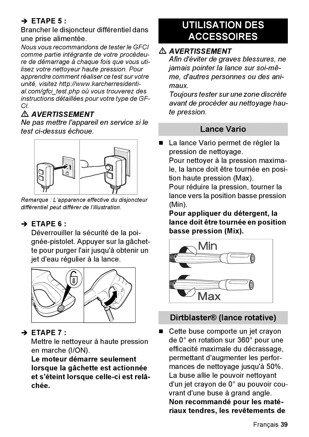 Karcher K 5.85 M manual Utilisation DES Accessoires, Lance Vario, Dirtblaster lance rotative 