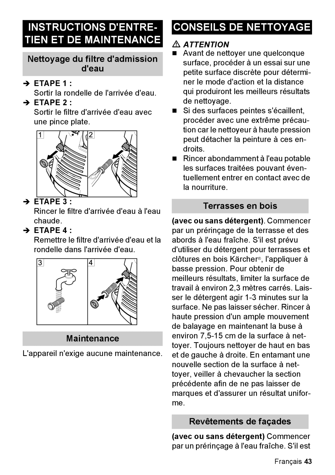 Karcher K 5.85 M Instructions DENTRE- Tien ET DE Maintenance, Conseils DE Nettoyage, Nettoyage du filtre dadmission Deau 