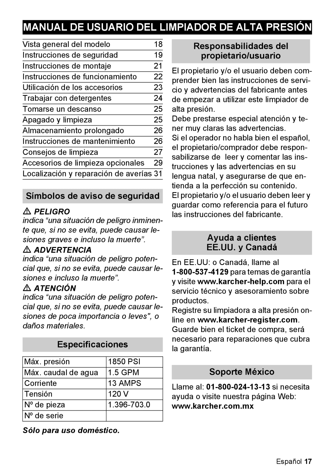 Karcher K 5.85 M manual Manual De Usuario Del Limpiador De Alta Presión, Símbolos de aviso de seguridad, Especificaciones 