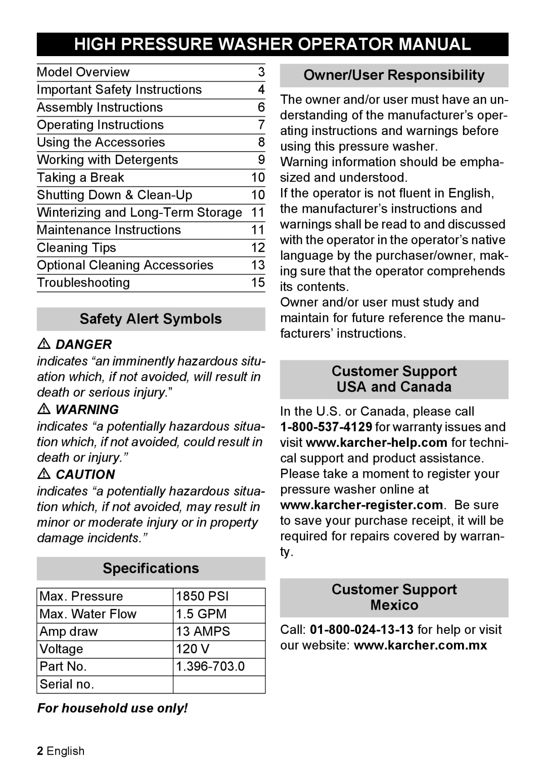 Karcher K 5.85 M High Pressure Washer Operator Manual, Owner/User Responsibility, Safety Alert Symbols, USA and Canada 