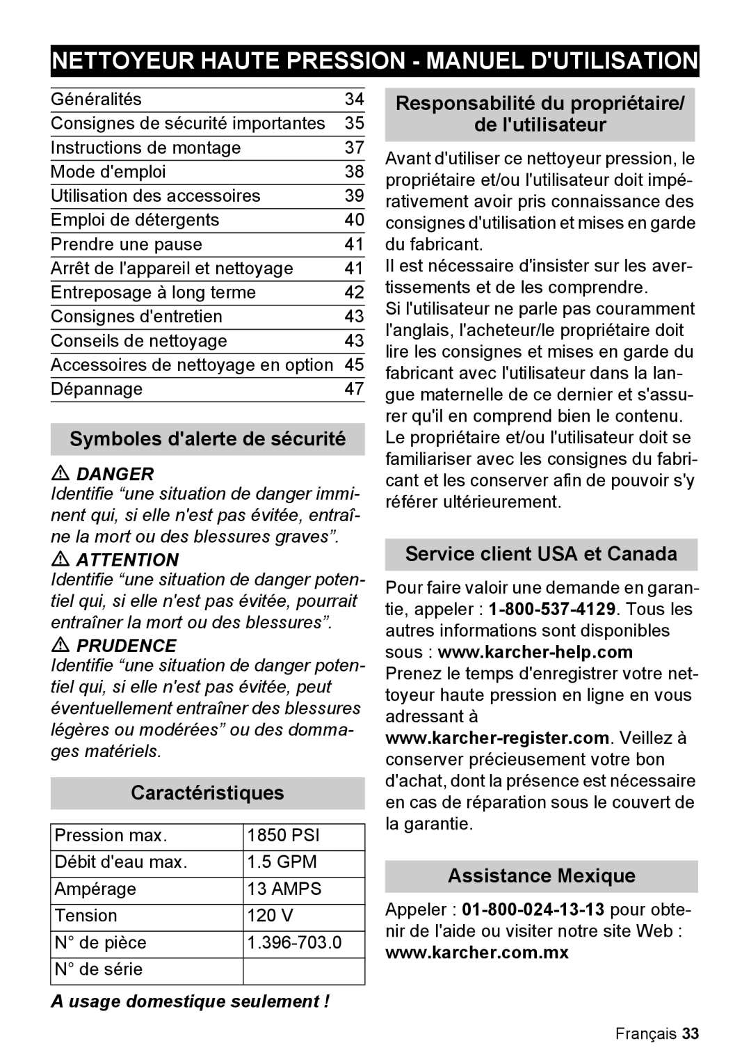 Karcher K 5.85 M Nettoyeur Haute Pression - Manuel Dutilisation, Responsabilité du propriétaire, de lutilisateur, Prudence 
