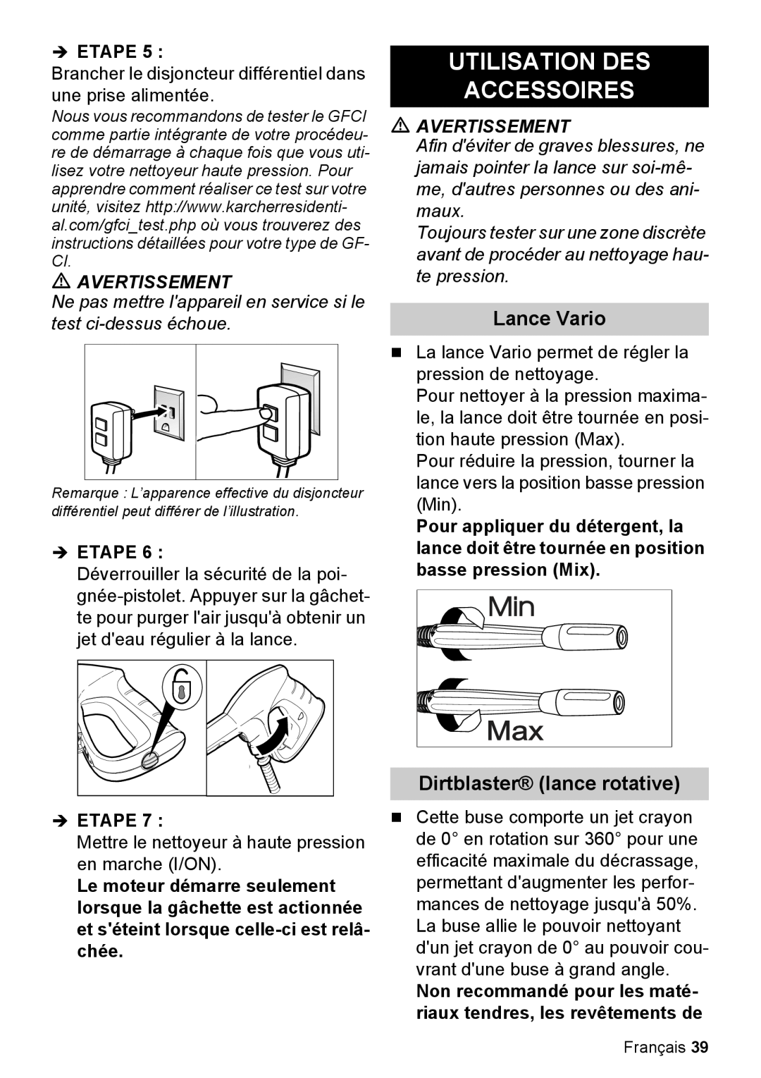 Karcher K 5.85 M manual Utilisation Des Accessoires, Lance Vario, Dirtblaster lance rotative, Avertissement 