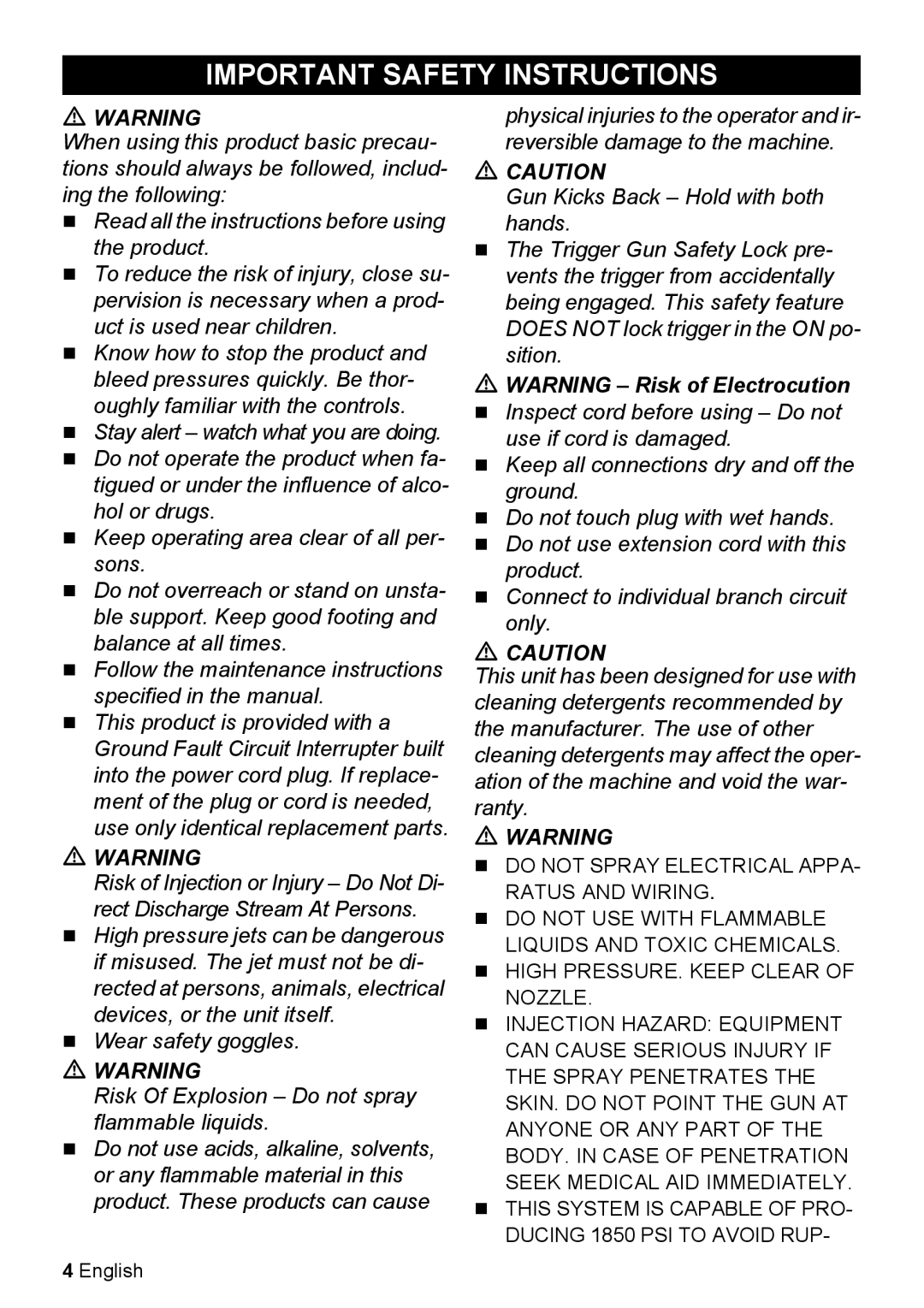 Karcher K 5.85 M manual Important Safety Instructions, WARNING - Risk of Electrocution 