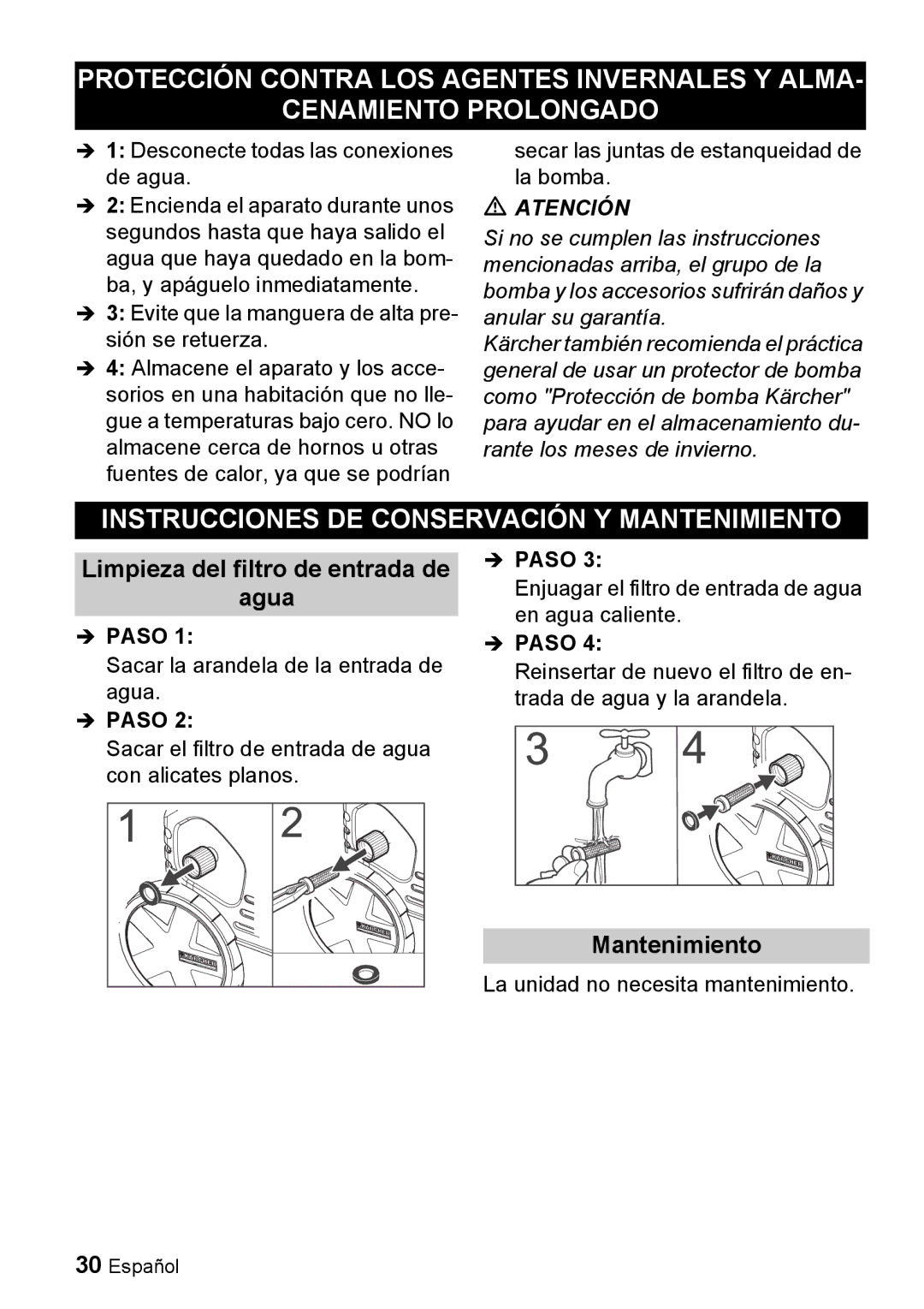 Karcher K 5.93 M manual Instrucciones DE Conservación Y Mantenimiento, Limpieza del filtro de entrada de Agua 