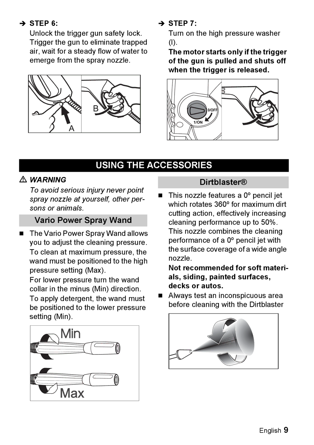 Karcher K 5.93 M manual Using the Accessories, Vario Power Spray Wand, Dirtblaster 