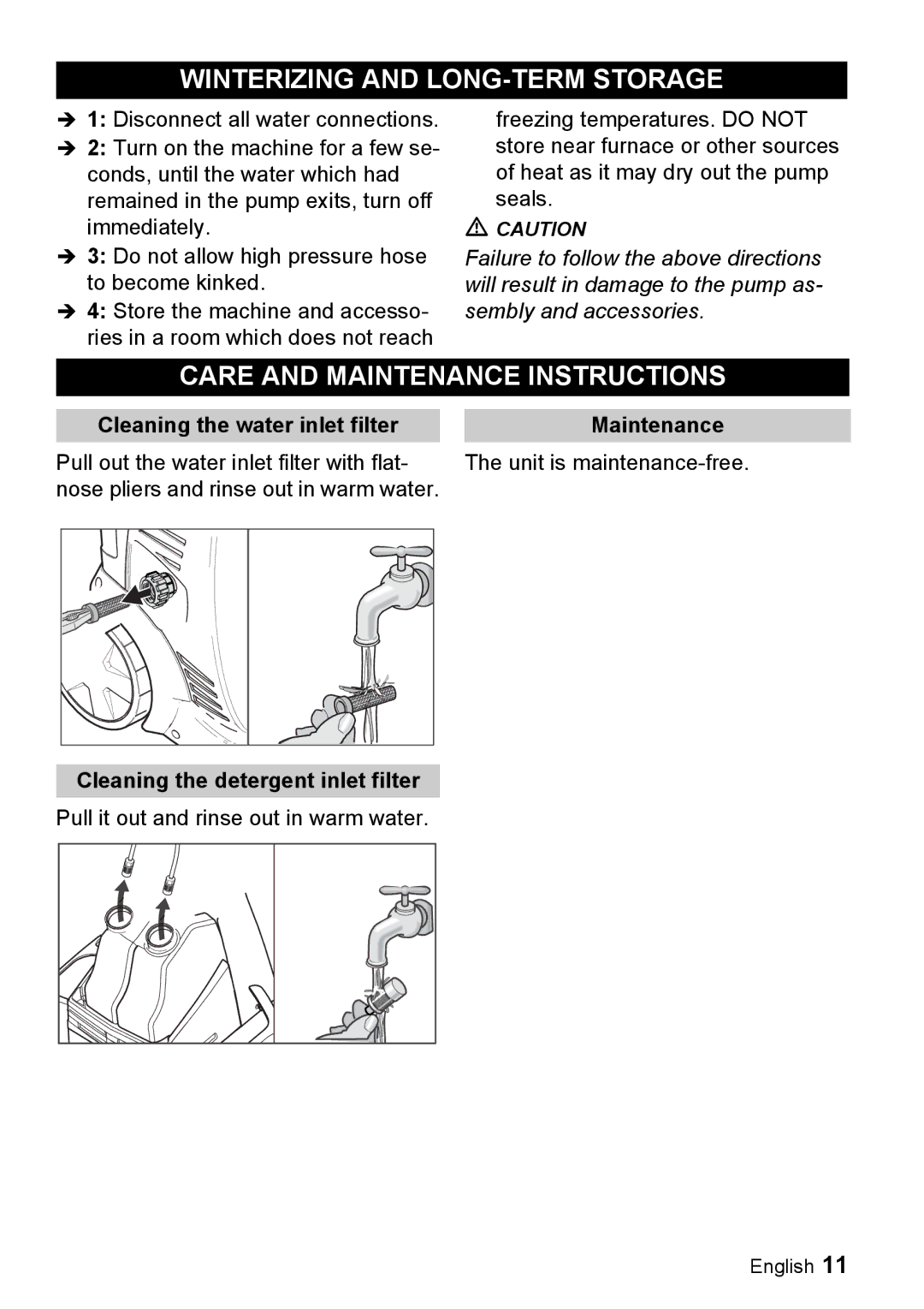 Karcher K 5.93 Winterizing and LONG-TERM Storage, Care and Maintenance Instructions, Cleaning the detergent inlet filter 