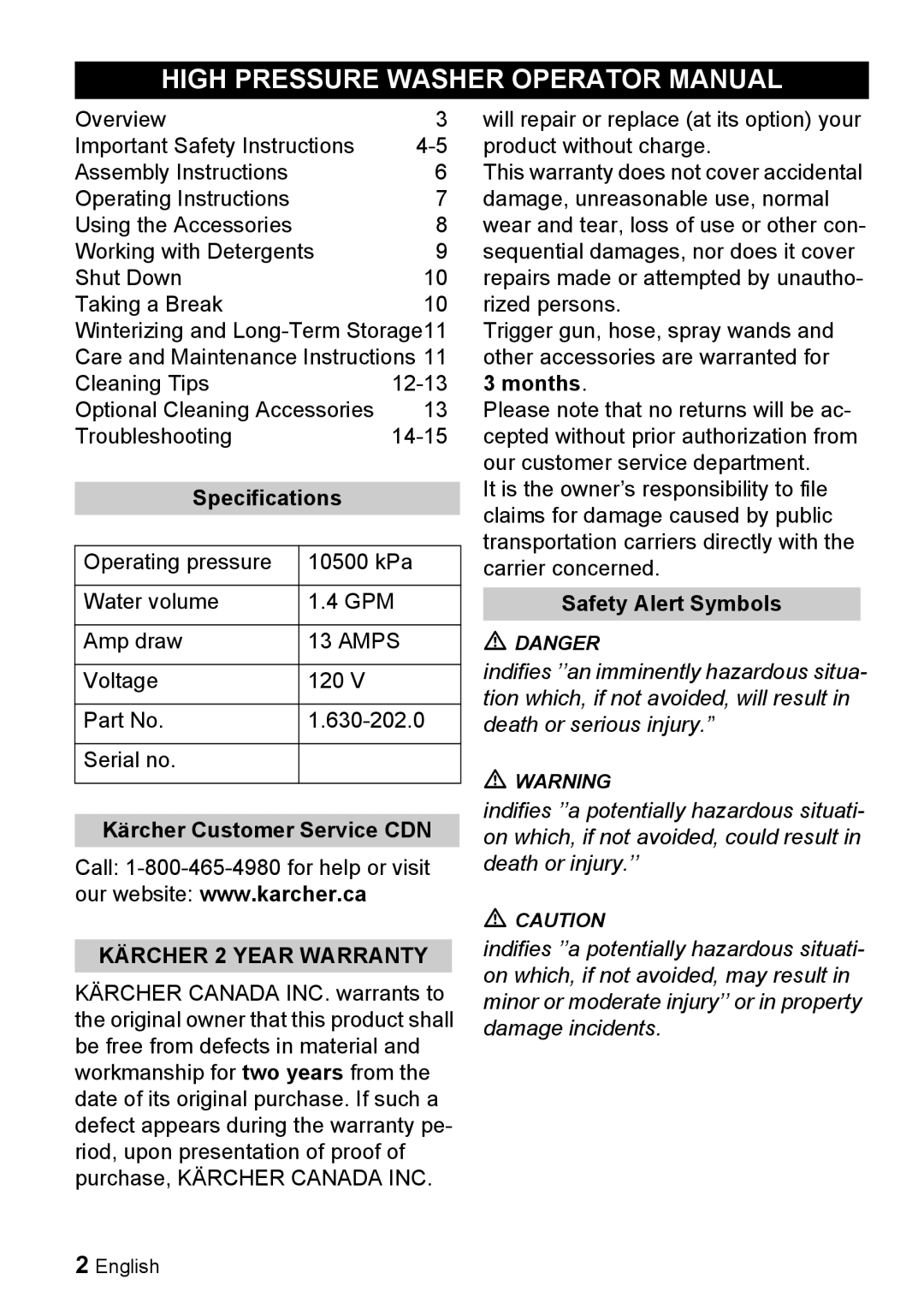 Karcher K 5.93 High Pressure Washer Operator Manual, Specifications, Kärcher Customer Service CDN, Safety Alert Symbols 