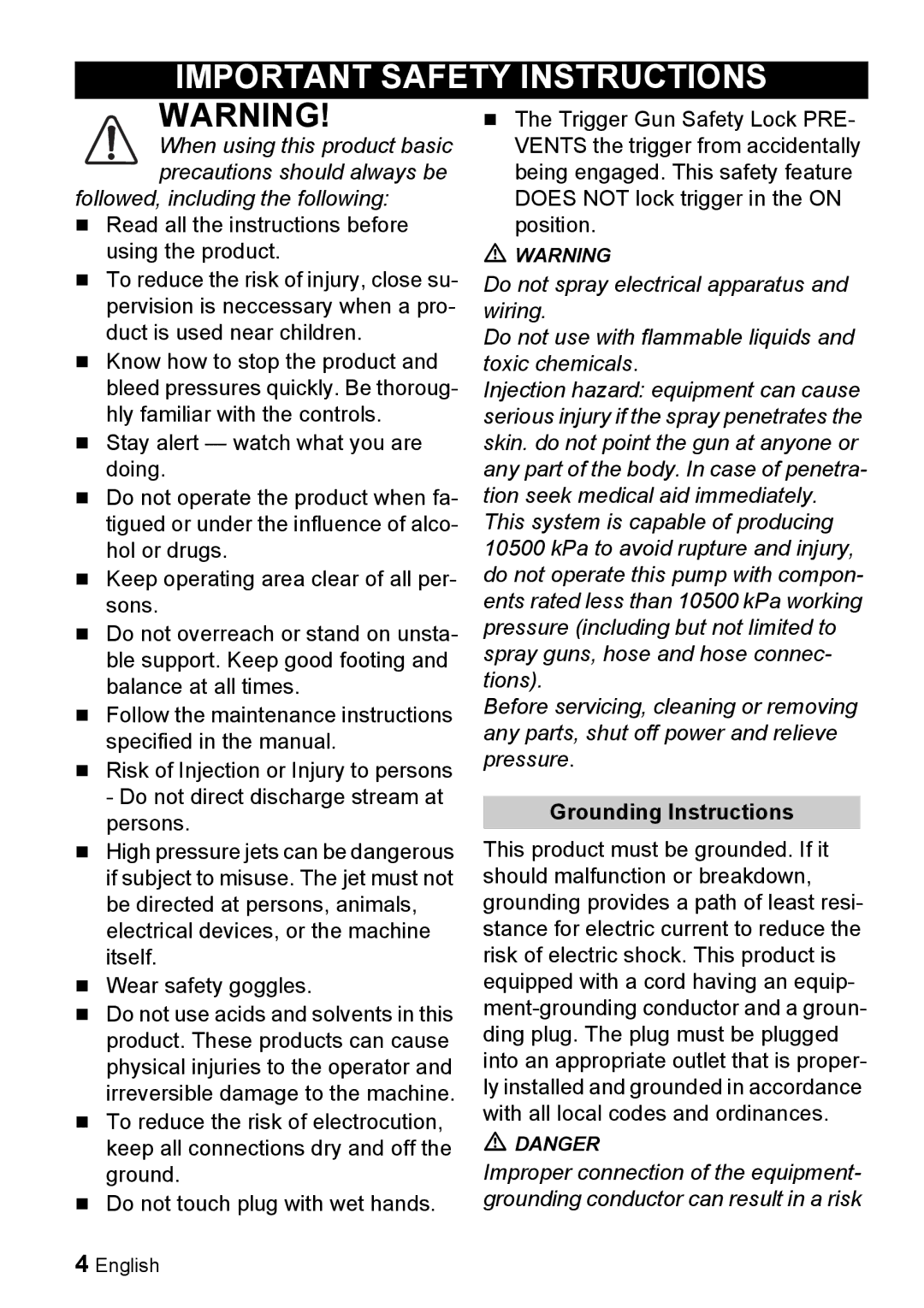 Karcher K 5.93 manual Important Safety Instructions, Grounding Instructions 