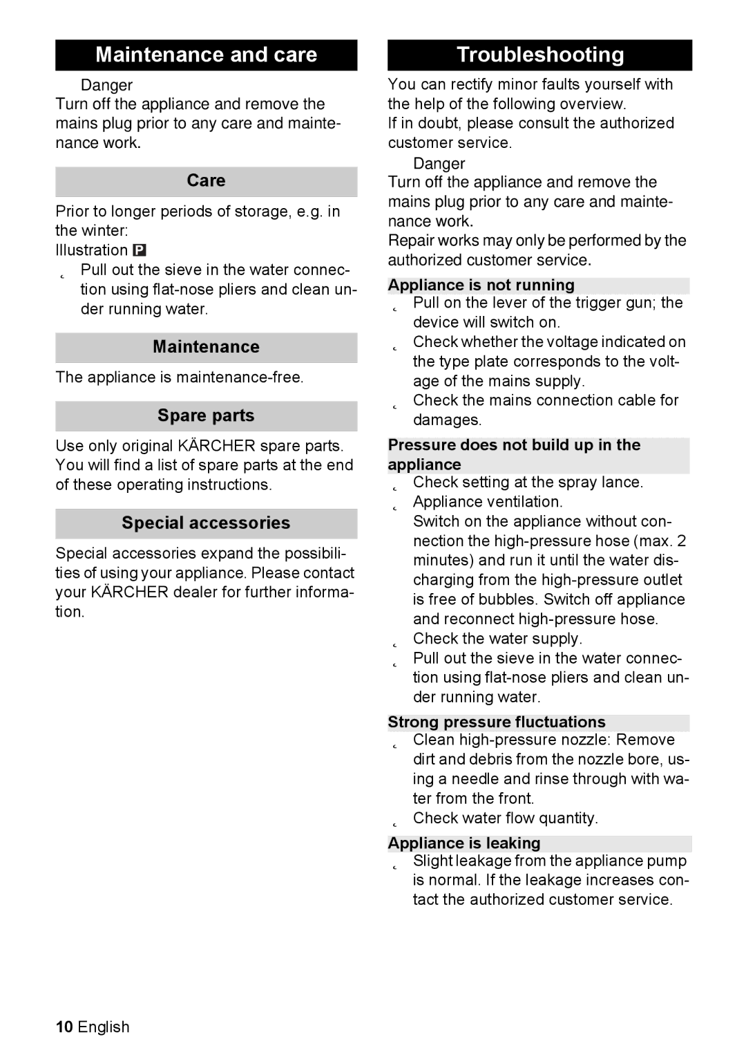 Karcher K 6.450 manual Maintenance and care, Troubleshooting 