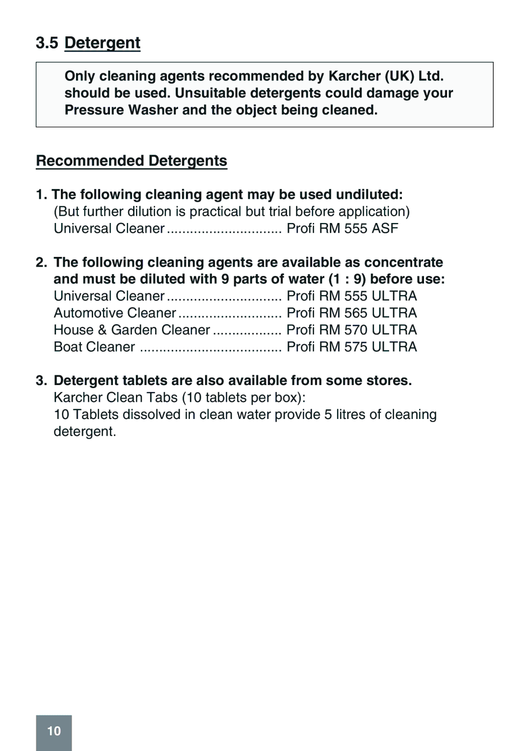 Karcher K 6.50 MB manual Recommended Detergents 