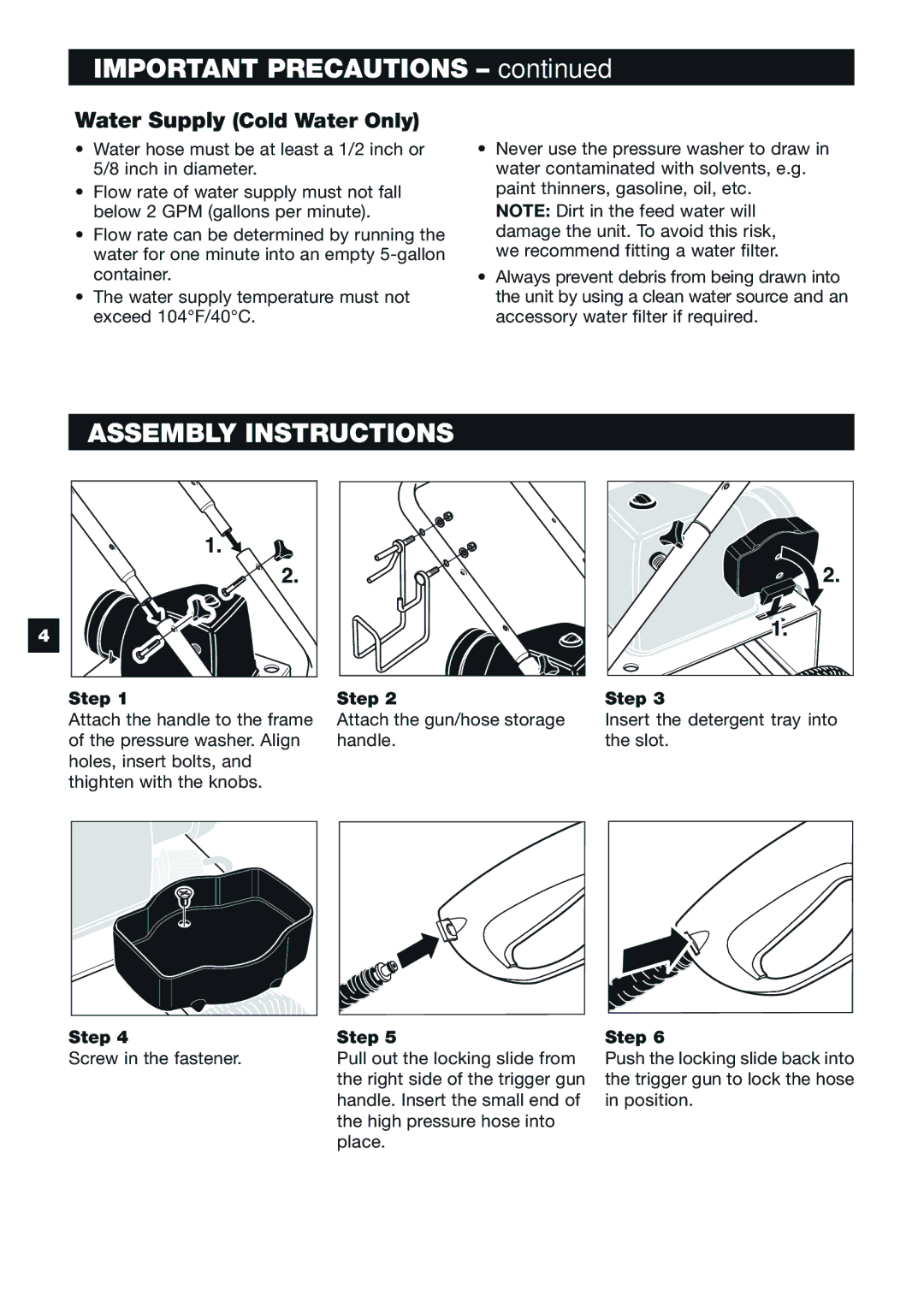 Karcher K 6.55 M specifications Important Precautions, Assembly Instructions, Water Supply Cold Water Only, Step 