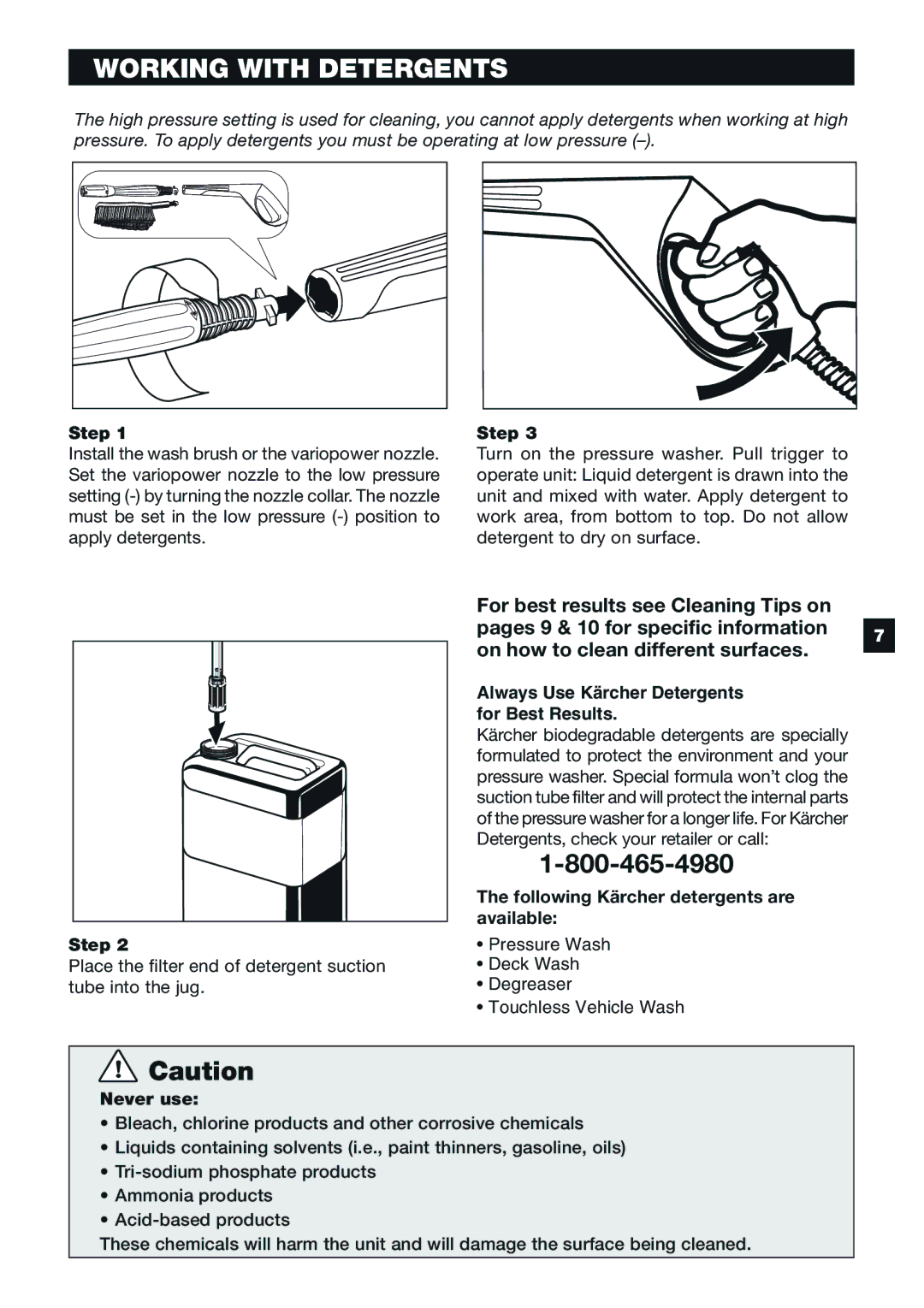 Karcher K 6.55 M specifications Working with Detergents, Following Kärcher detergents are available, Never use 