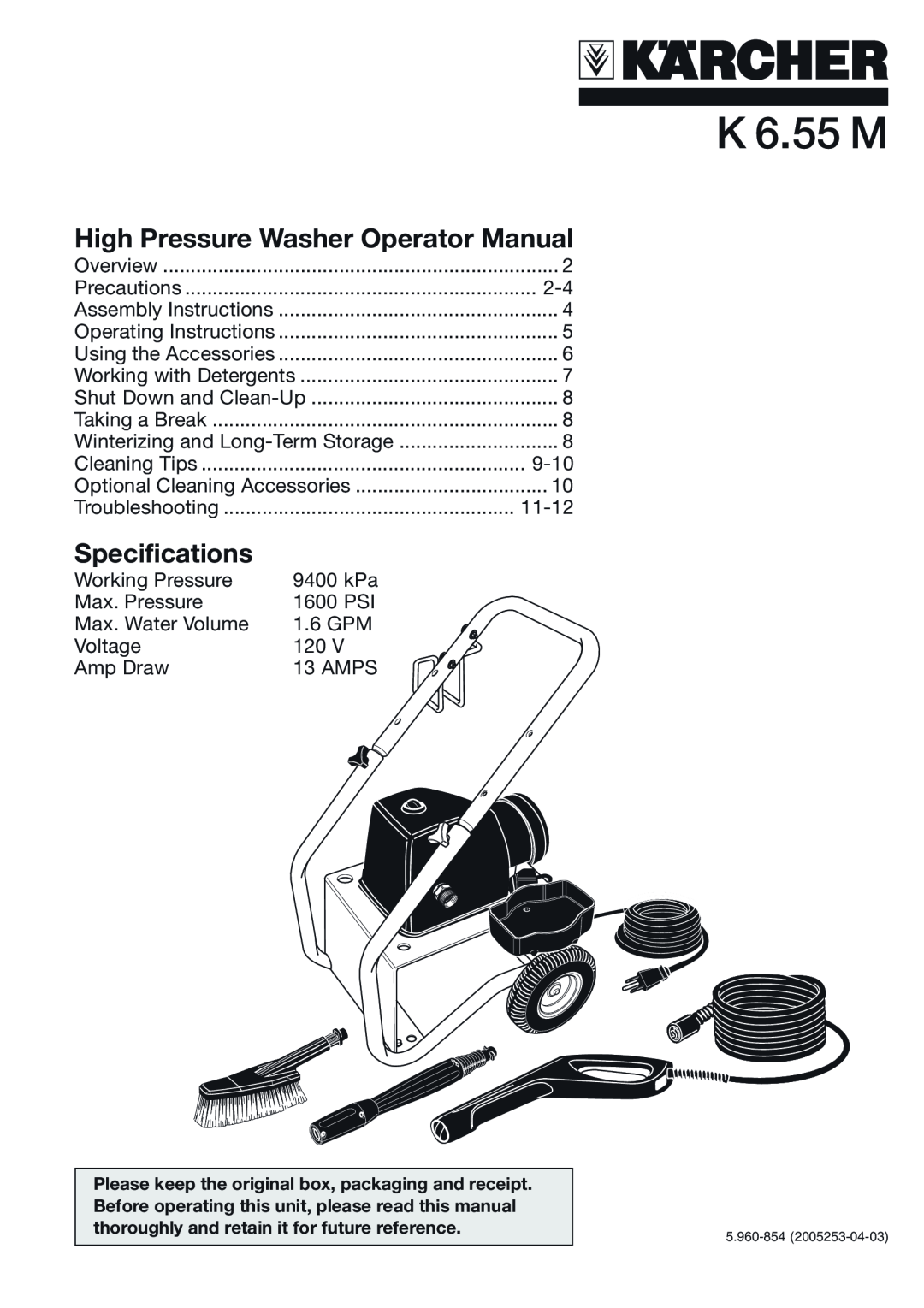 Karcher K 6.55 M specifications High Pressure Washer Operator Manual, Specifications 