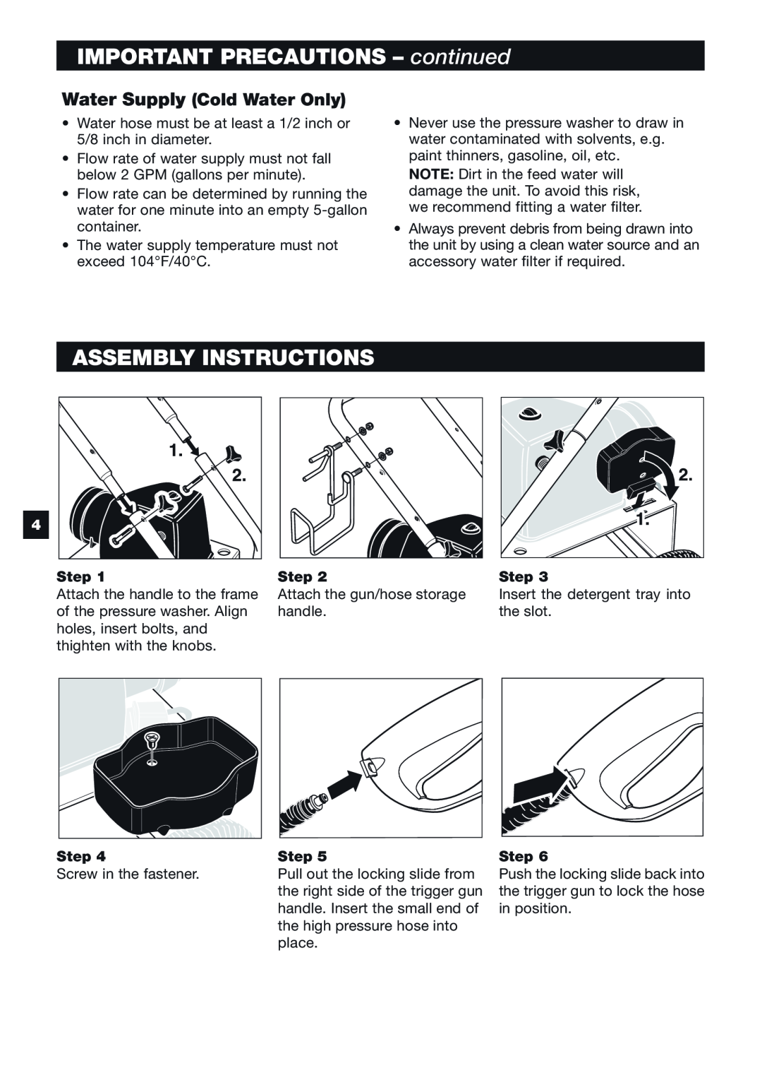 Karcher K 6.55 M IMPORTANT PRECAUTIONS - continued, Assembly Instructions, Water Supply Cold Water Only, Step 