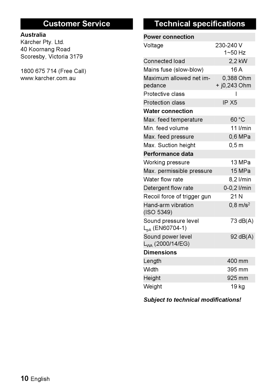 Karcher K 6.85 M operating instructions Customer Service, Technical specifications 