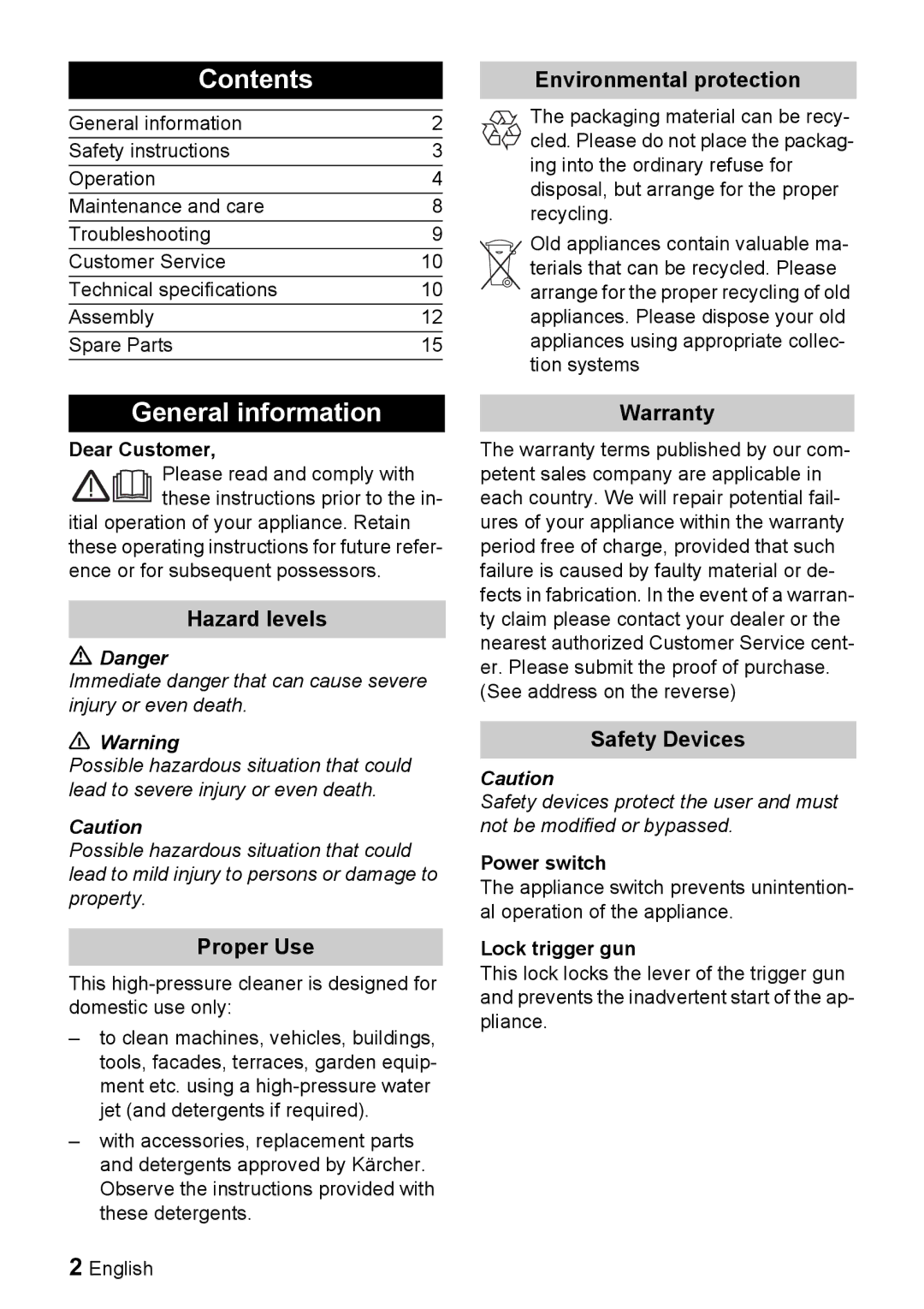 Karcher K 6.85 M operating instructions Contents, General information 