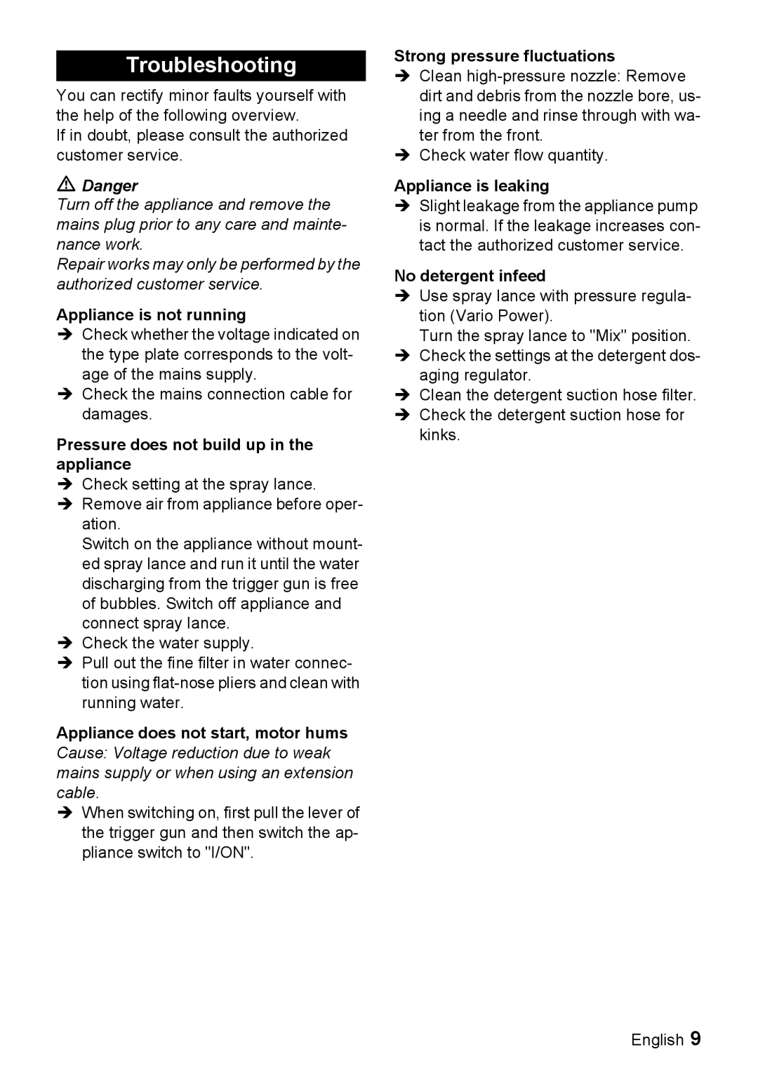 Karcher K 6.85 M operating instructions Troubleshooting 