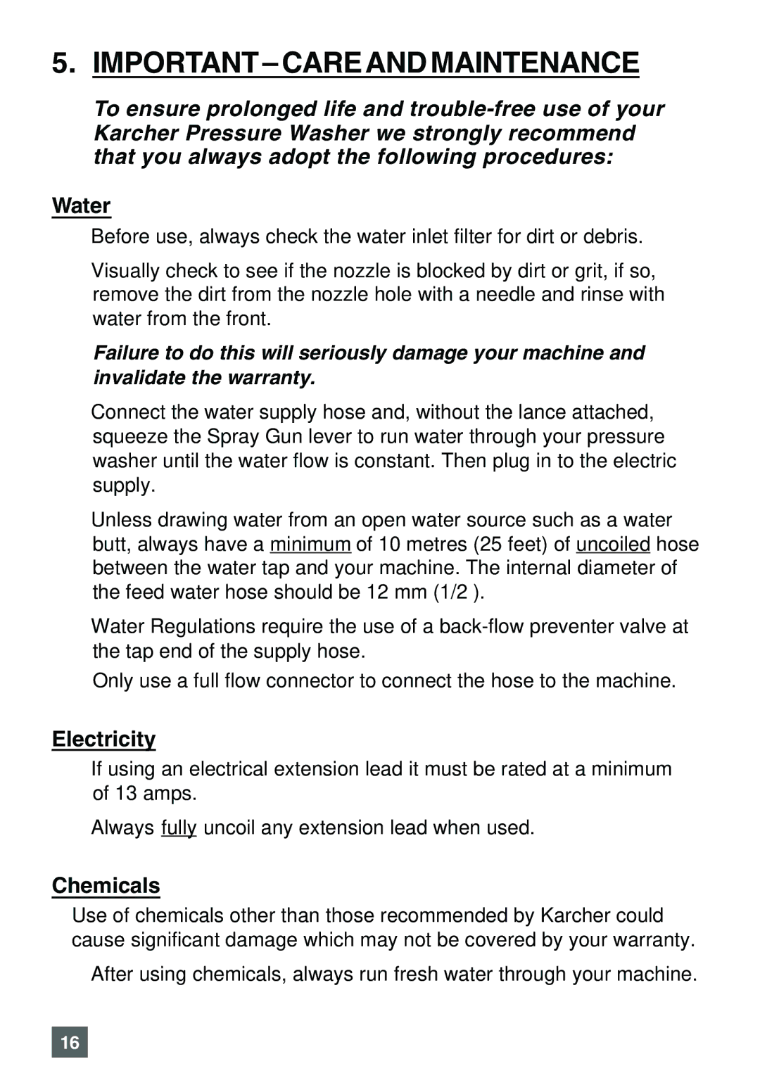 Karcher K 7.85 M operating instructions Important Careand Maintenance, Water 