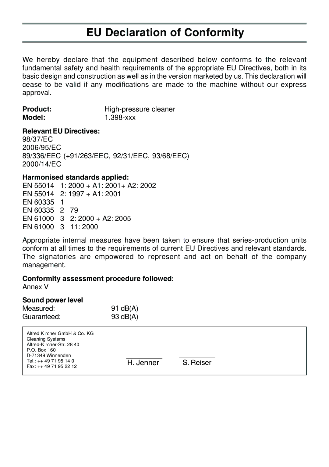 Karcher K 7.85 M operating instructions EU Declaration of Conformity 