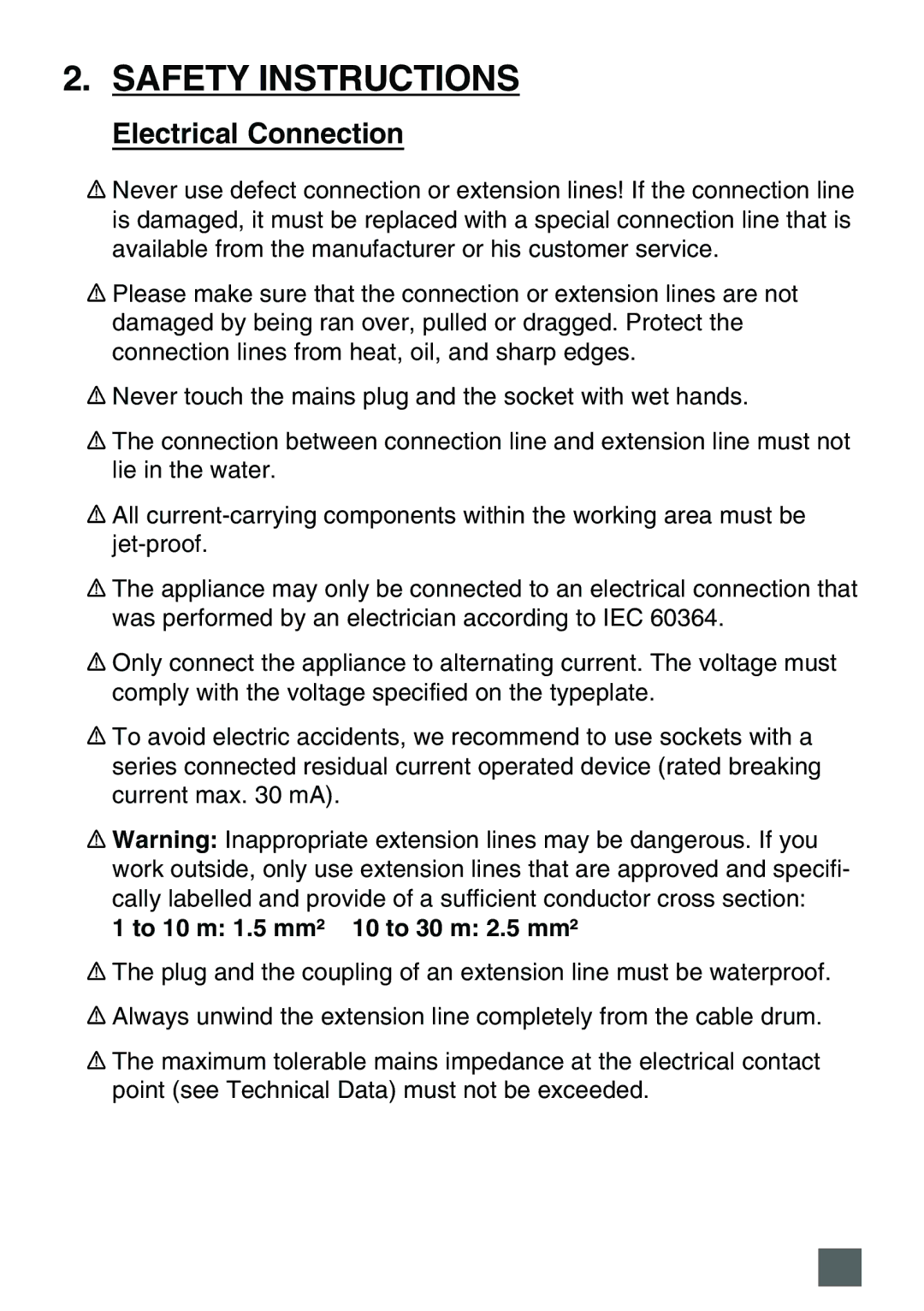 Karcher K 7.85 M operating instructions Safety Instructions, Electrical Connection, To 10 m 1.5 mm² 10 to 30 m 2.5 mm² 