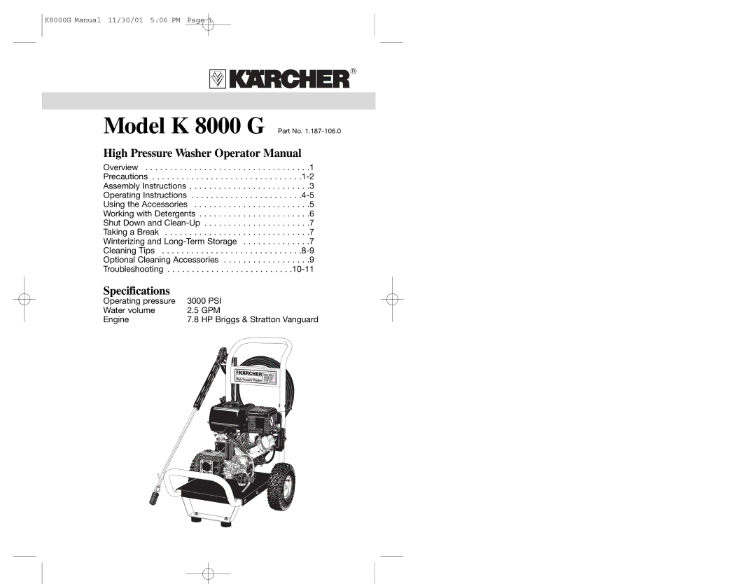 Karcher K 8000 G specifications High Pressure Washer Operator Manual 