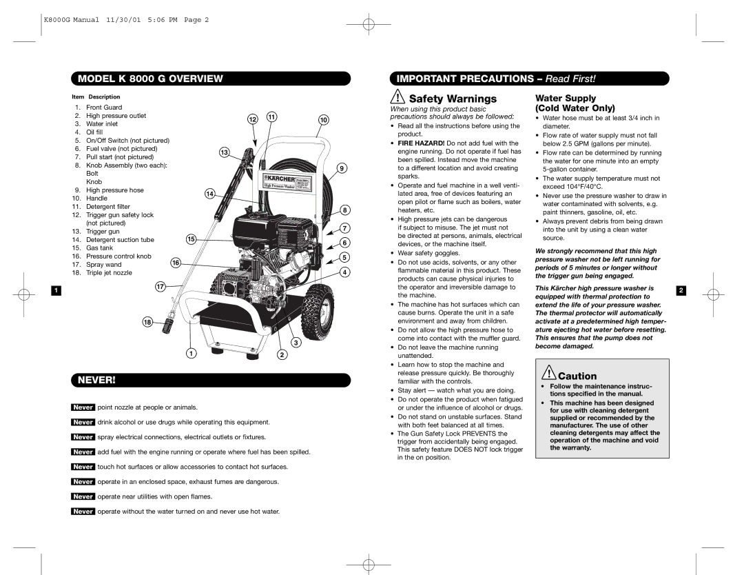 Karcher specifications Model K 8000 G Overview, Important Precautions Read First, Never, Water Supply Cold Water Only 