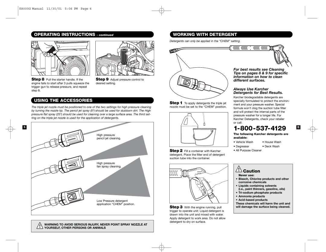 Karcher K 8000 G specifications Operating Instructions, Working with Detergent, Using the Accessories 