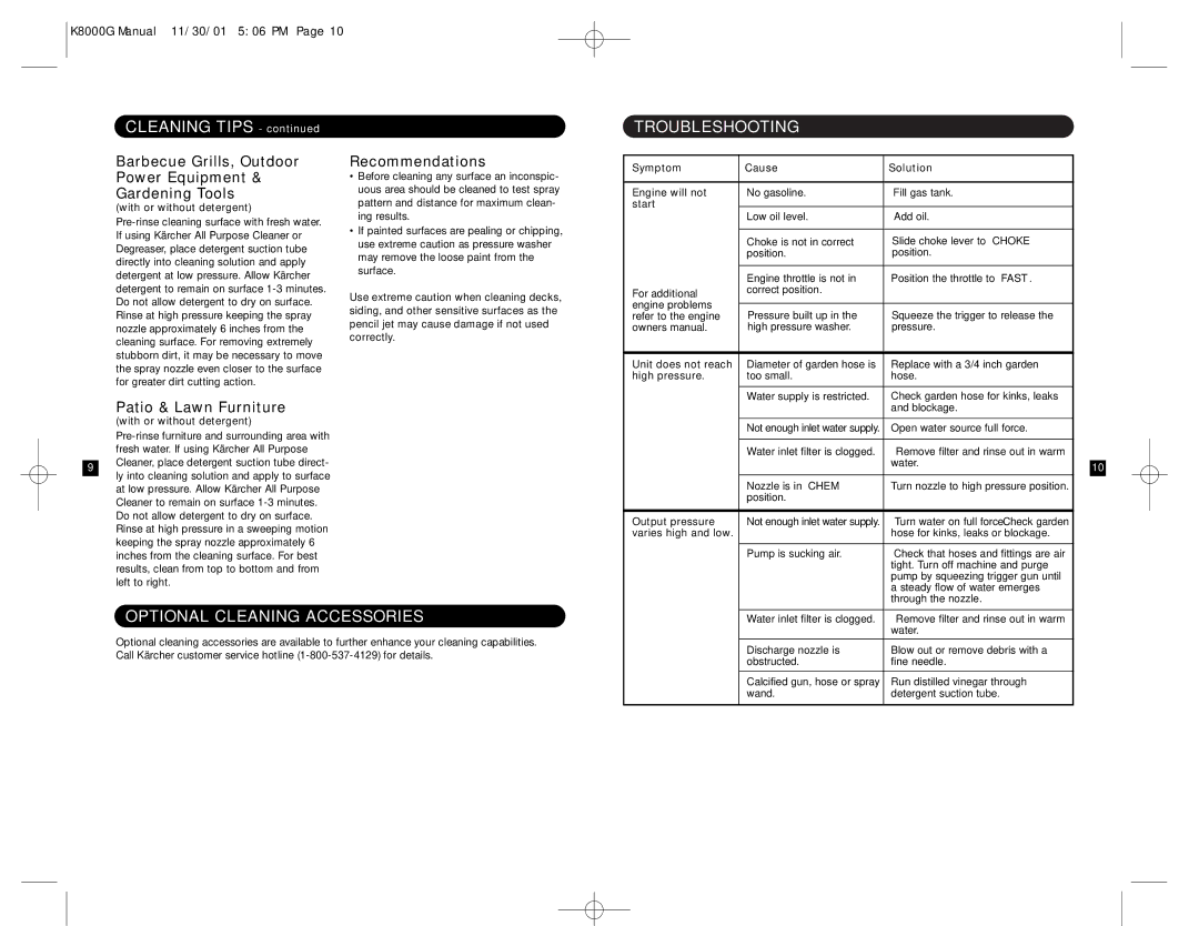 Karcher K 8000 G specifications Cleaning Tips, Troubleshooting, Optional Cleaning Accessories 