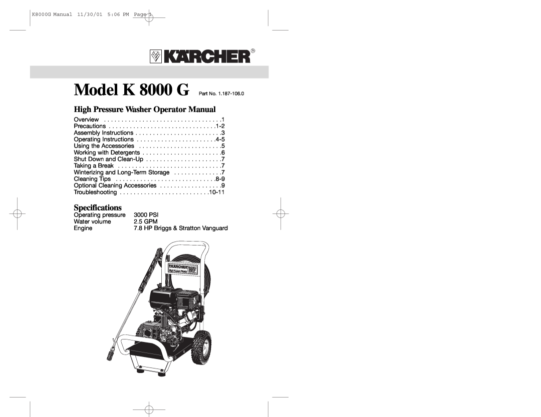 Karcher K 8000 G specifications High Pressure Washer Operator Manual, Specifications 
