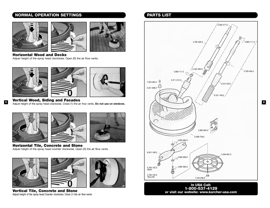 Karcher K12 manual Normal Operation Settings, Parts List 