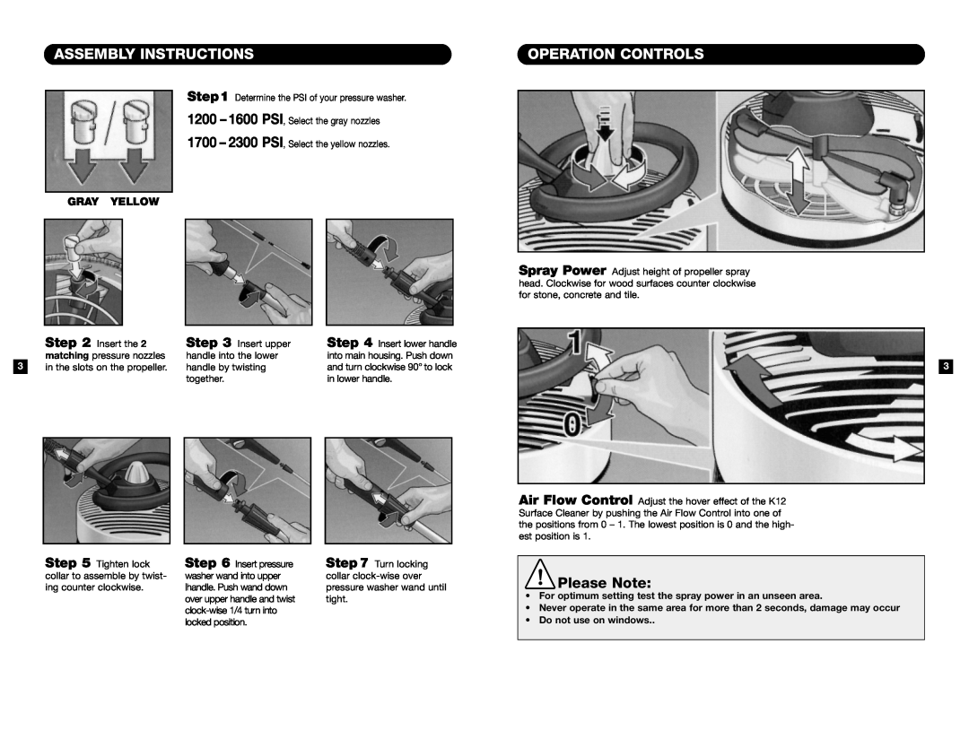 Karcher K12 manual Assembly Instructions, Operation Controls, For optimum setting test the spray power in an unseen area 
