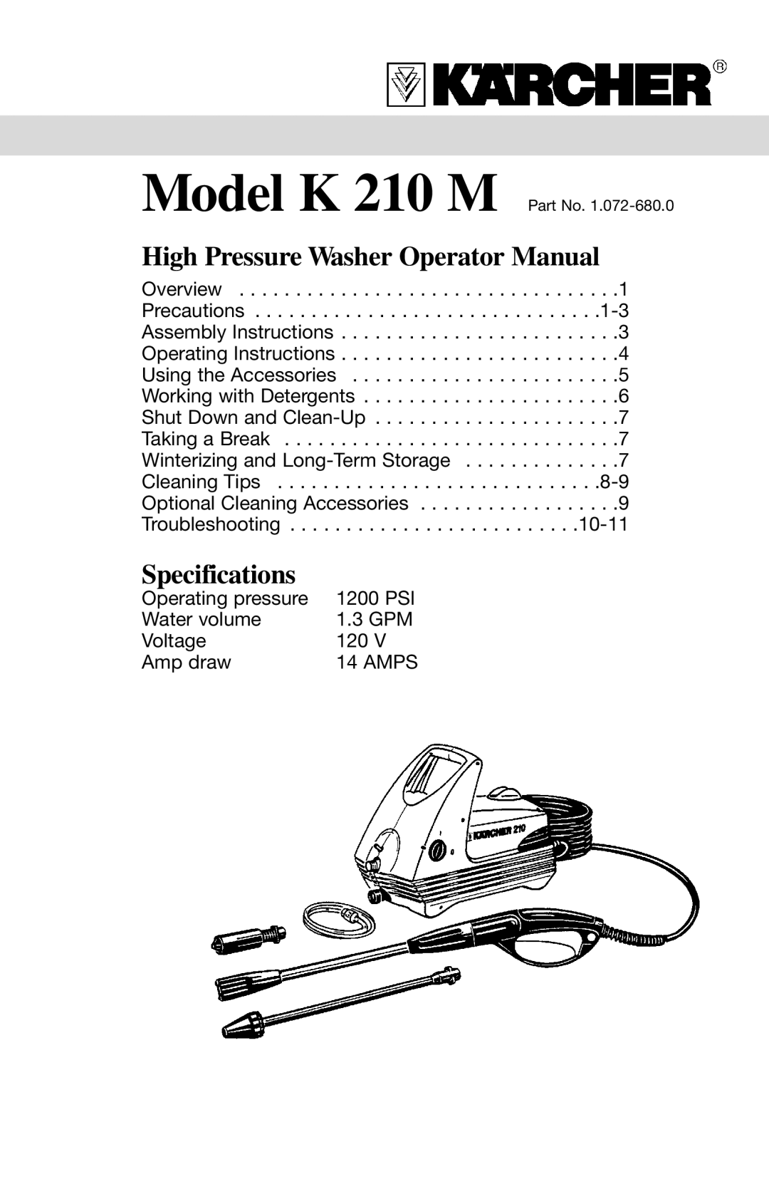 Karcher K120 M specifications High Pressure Washer Operator Manual 