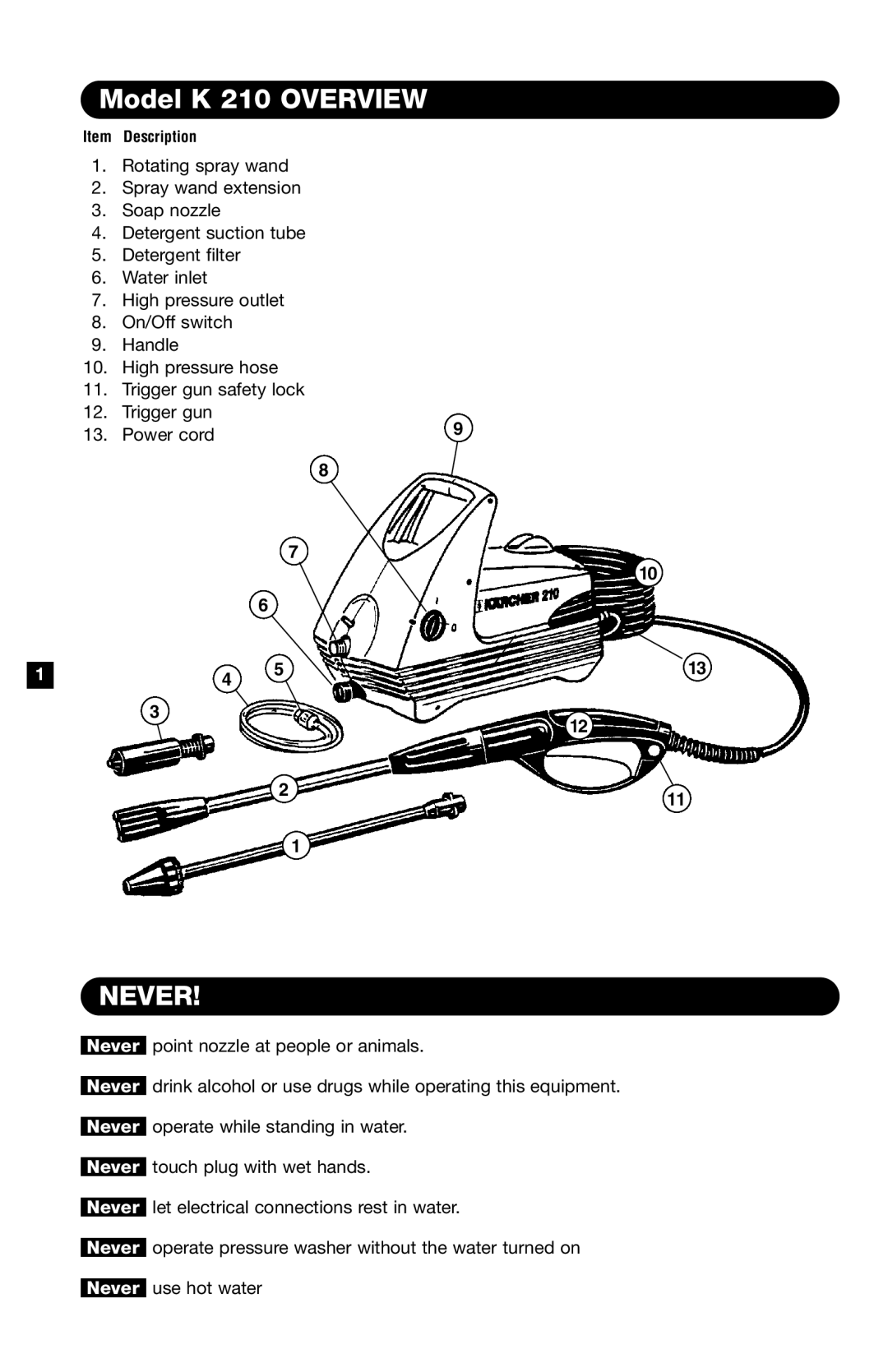 Karcher K120 M specifications Model K 210 Overview, Never, Power cord 