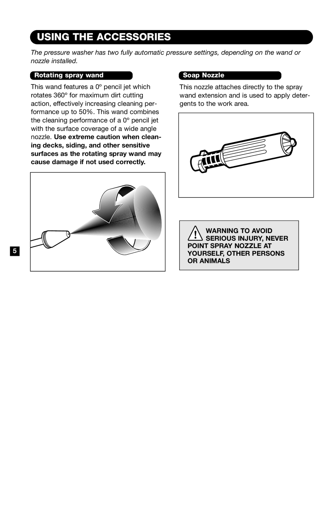 Karcher K120 M specifications Using the Accessories, Rotating spray wand Soap Nozzle 