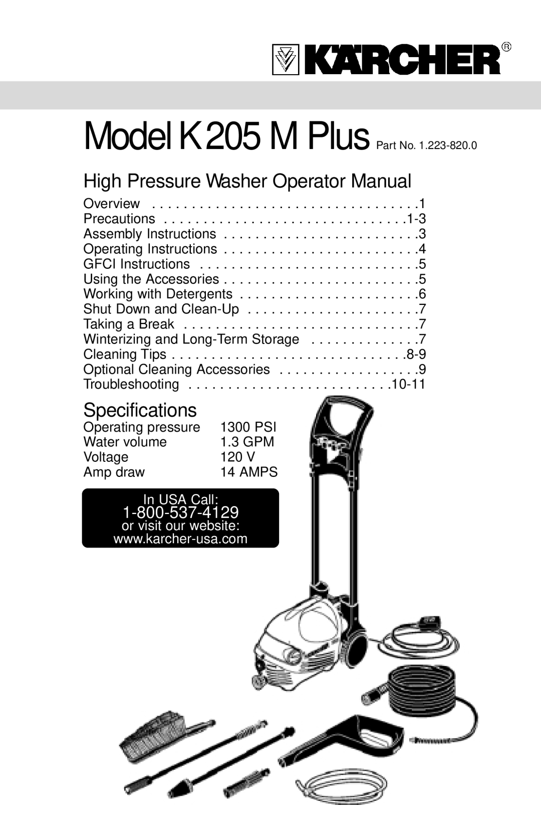 Karcher K205 M Plus specifications High Pressure Washer Operator Manual 