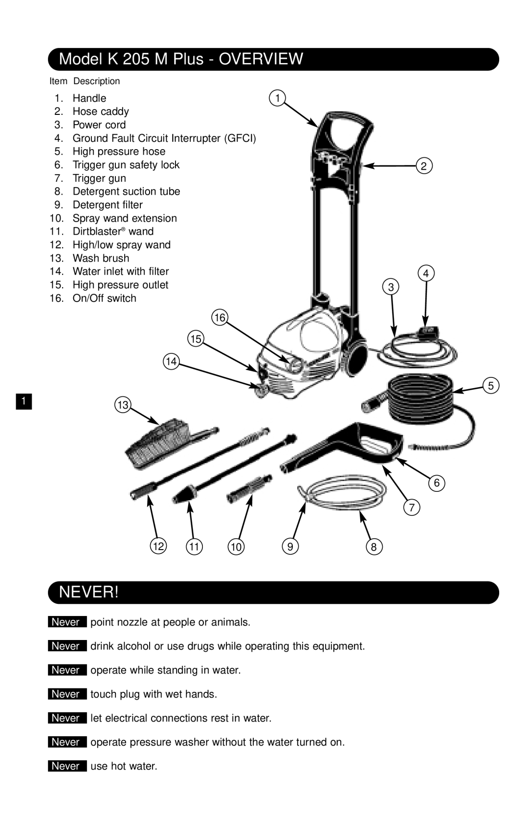 Karcher K205 M Plus specifications Model K 205 M Plus Overview, Never 